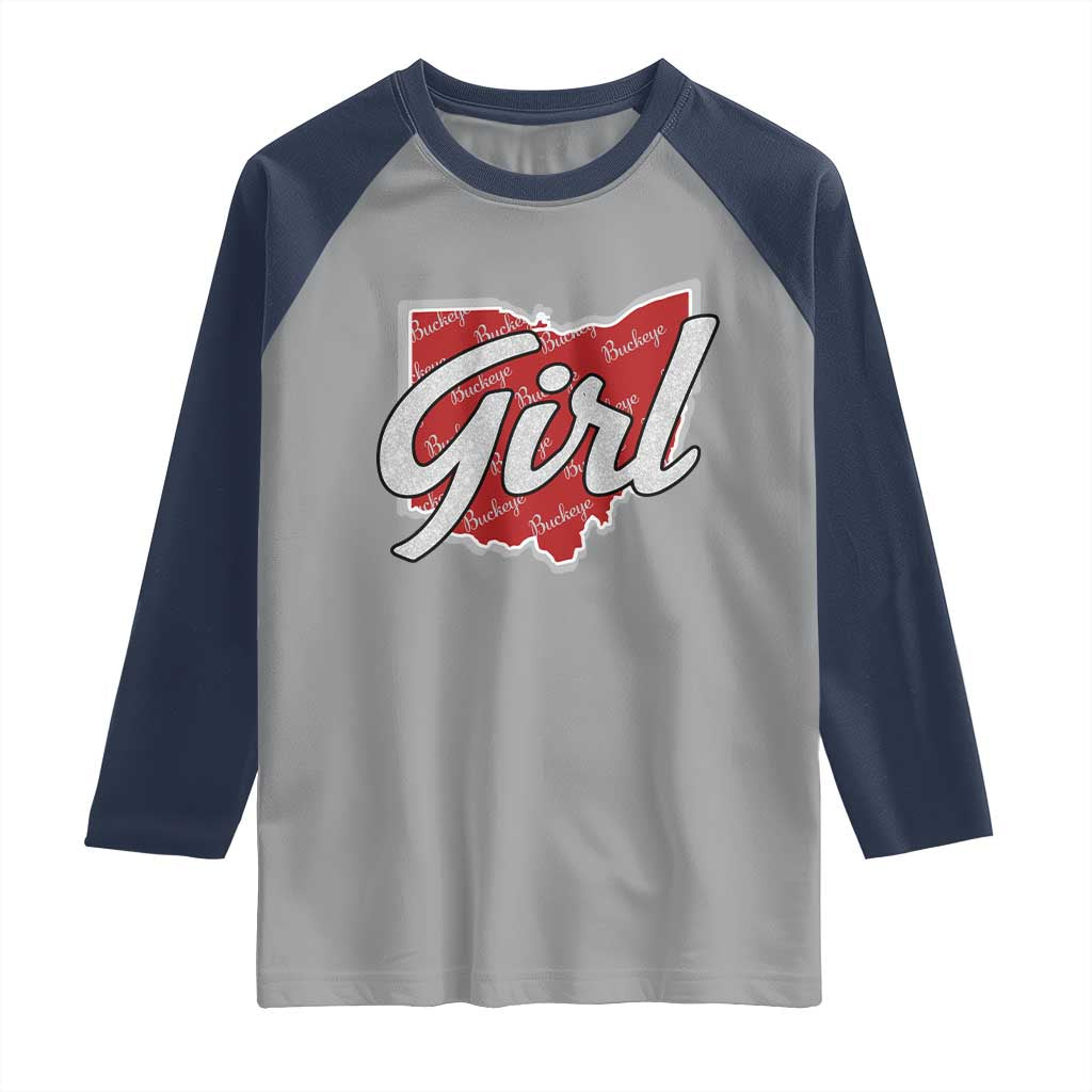Buckeye Girl Ohio Home State Raglan Shirt TS11 Sport Gray Navy Print Your Wear