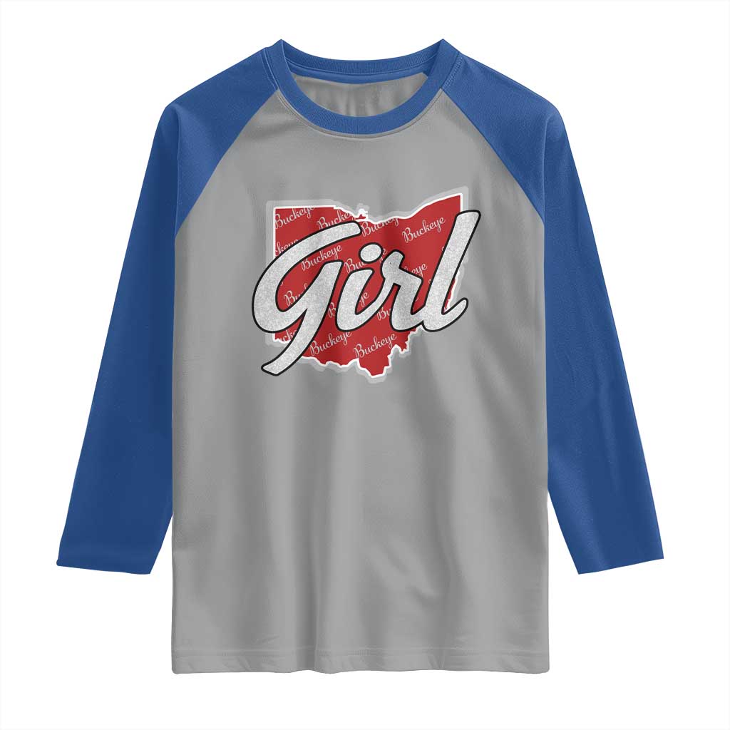 Buckeye Girl Ohio Home State Raglan Shirt TS11 Sport Gray Royal Print Your Wear