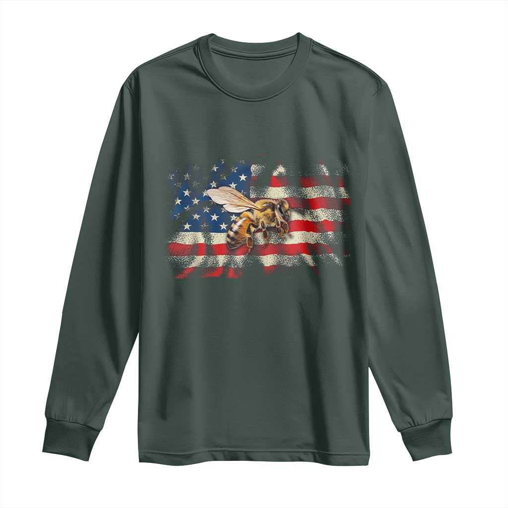 Patriotic Beekeeper Long Sleeve Shirt Bee American Flag Beekeeping TS11 Dark Forest Green Print Your Wear