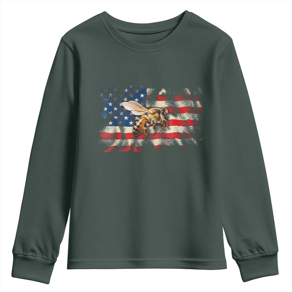 Patriotic Beekeeper Youth Sweatshirt Bee American Flag Beekeeping TS11 Dark Forest Green Print Your Wear