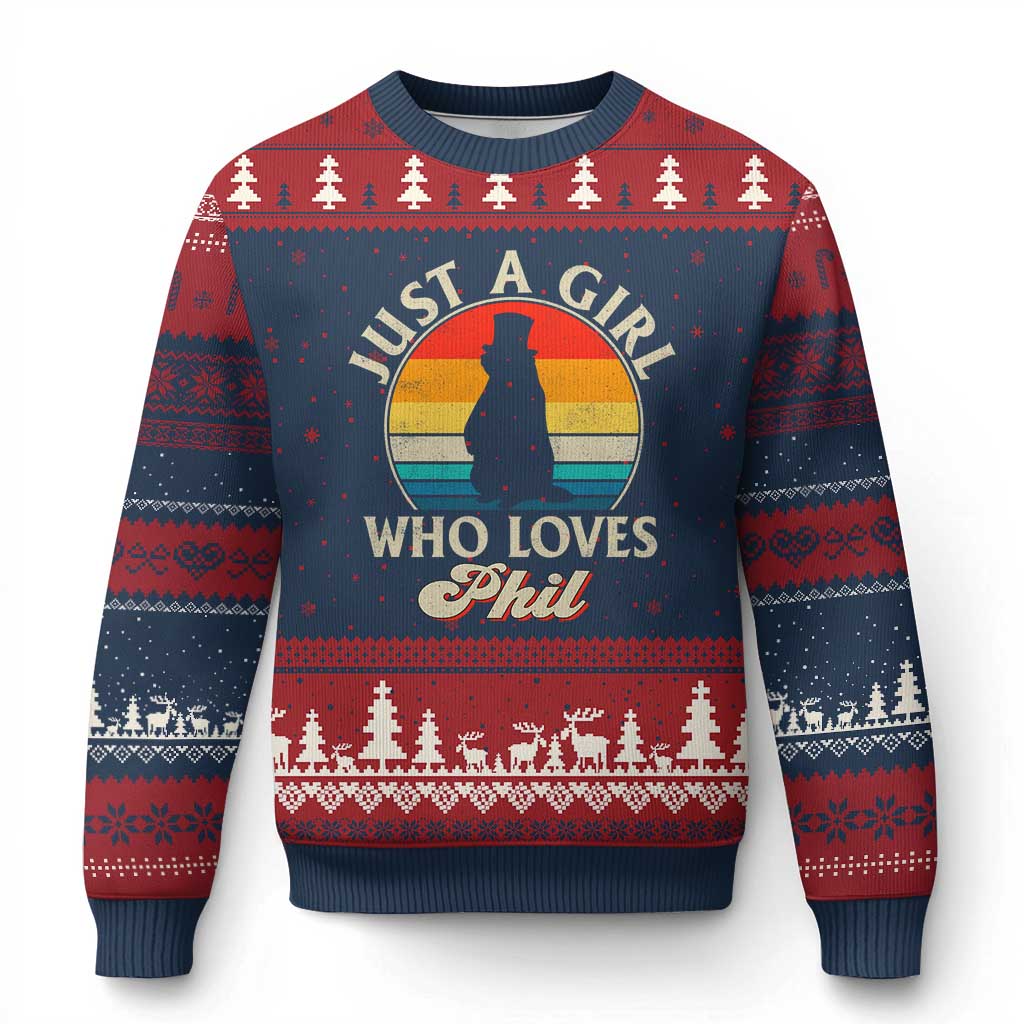Funny Just A Girl Who Loves Phil Groundhog Ugly Christmas Sweater Punxsy Woodchuck Day Lover TS11 Navy Red Print Your Wear