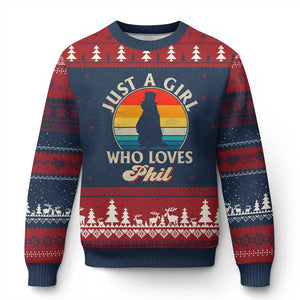 Funny Just A Girl Who Loves Phil Groundhog Ugly Christmas Sweater Punxsy Woodchuck Day Lover TS11 Navy Red Print Your Wear