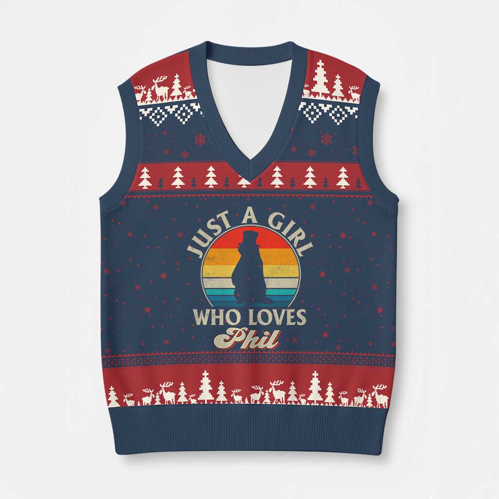 Funny Just A Girl Who Loves Phil Groundhog V-Neck Knit Sweater Vest Punxsy Woodchuck Day Lover TS11 Navy Red Print Your Wear