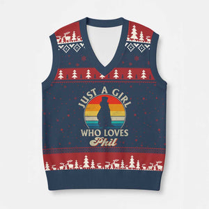 Funny Just A Girl Who Loves Phil Groundhog V-Neck Knit Sweater Vest Punxsy Woodchuck Day Lover TS11 Navy Red Print Your Wear