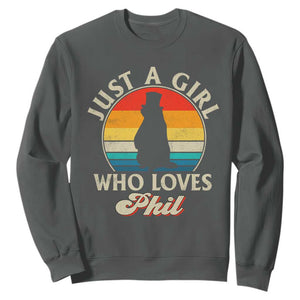 Funny Just A Girl Who Loves Phil Groundhog Sweatshirt Punxsy Woodchuck Day Lover TS11 Dark Heather Print Your Wear