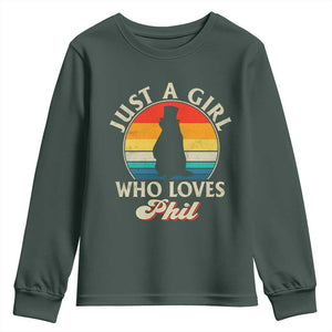 Funny Just A Girl Who Loves Phil Groundhog Youth Sweatshirt Punxsy Woodchuck Day Lover TS11 Dark Forest Green Print Your Wear