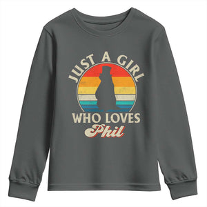 Funny Just A Girl Who Loves Phil Groundhog Youth Sweatshirt Punxsy Woodchuck Day Lover TS11 Dark Heather Print Your Wear