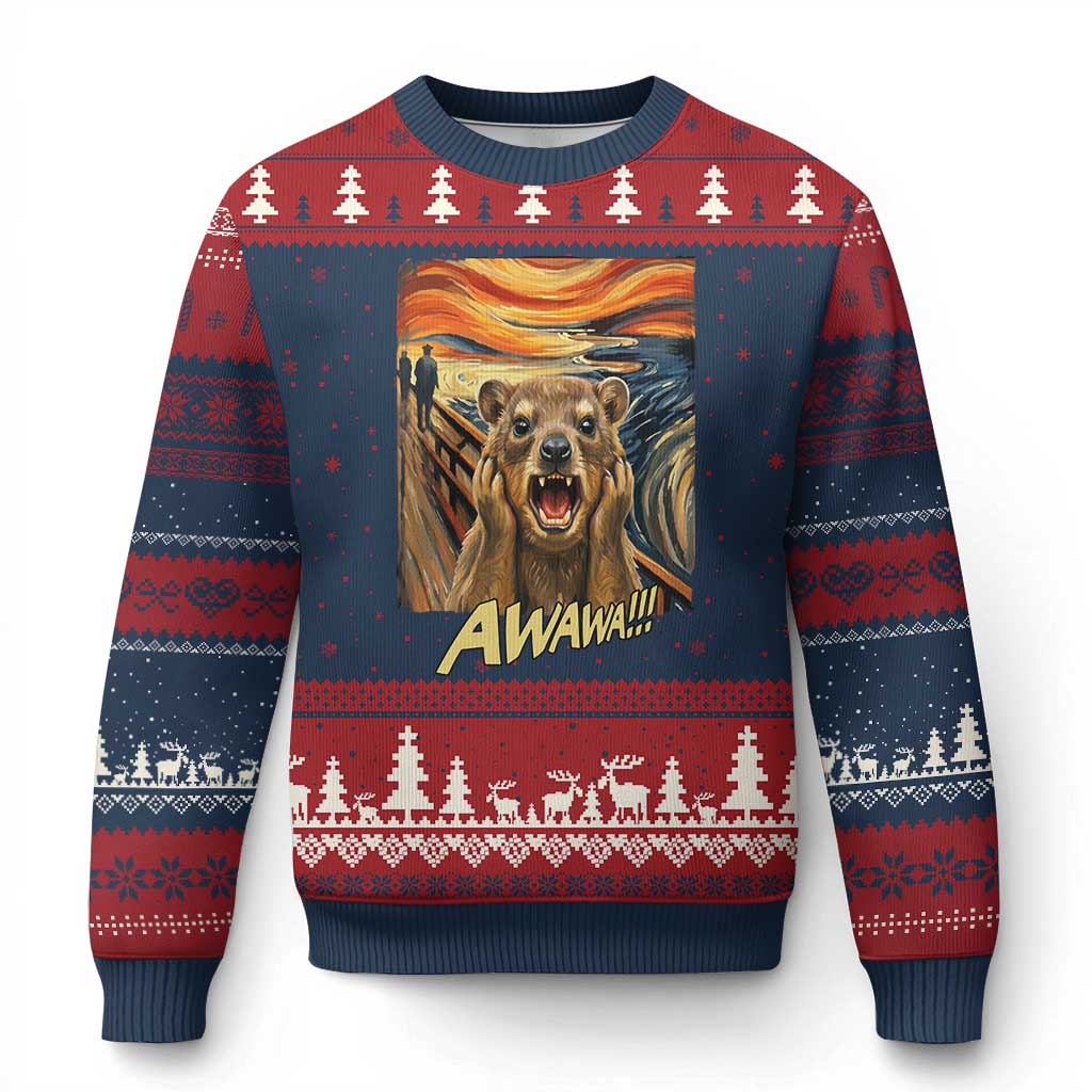 Funny Awawa Hyrax Ugly Christmas Sweater The Scream Art Oddly Specific Meme Animal TS11 Navy Red Print Your Wear