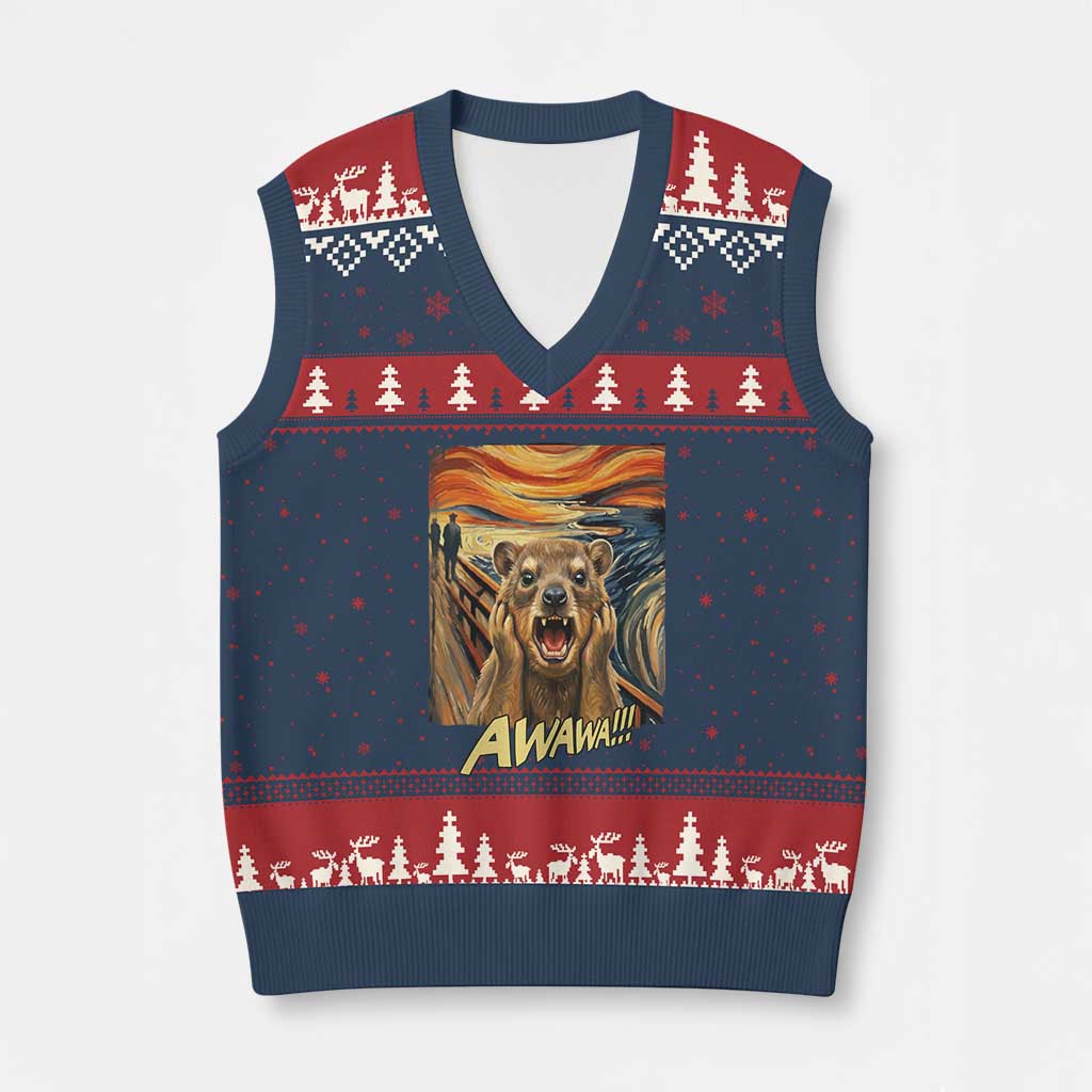 Funny Awawa Hyrax V-Neck Knit Sweater Vest The Scream Art Oddly Specific Meme Animal TS11 Navy Red Print Your Wear