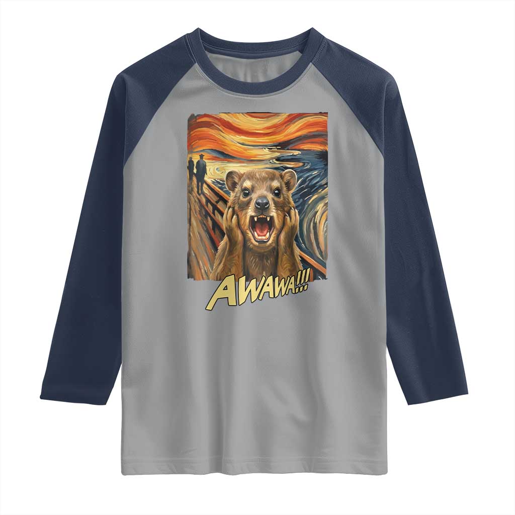 Funny Awawa Hyrax Raglan Shirt The Scream Art Oddly Specific Meme Animal TS11 Sport Gray Navy Print Your Wear