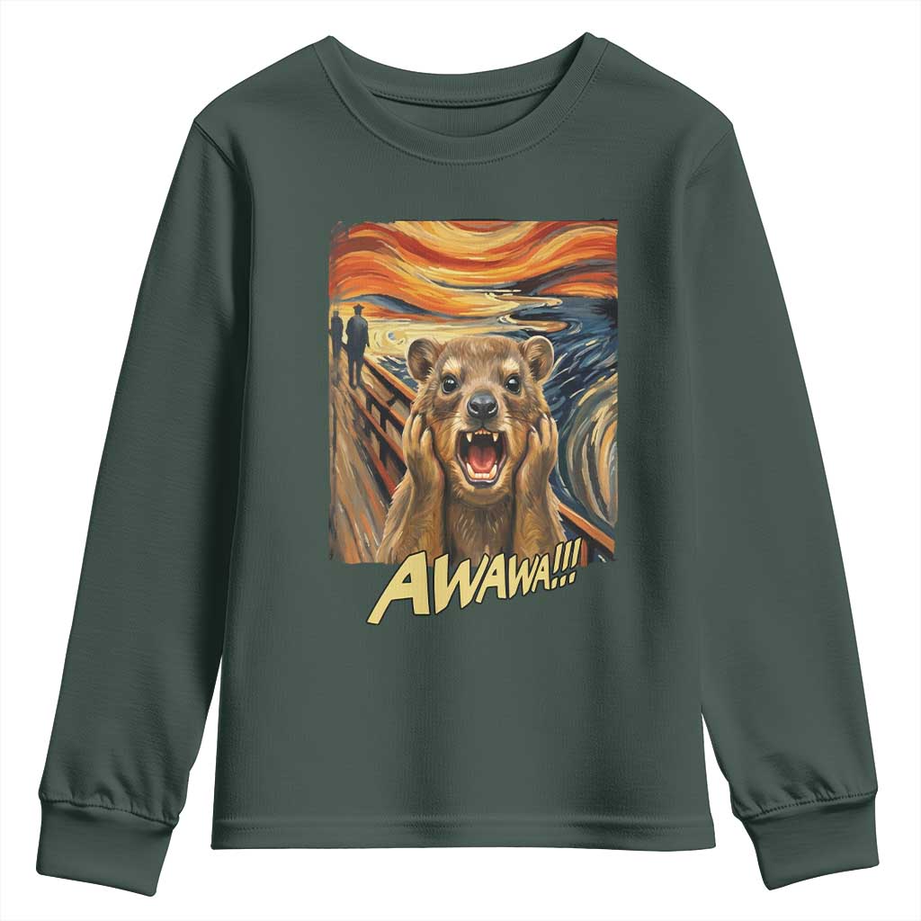 Funny Awawa Hyrax Youth Sweatshirt The Scream Art Oddly Specific Meme Animal TS11 Dark Forest Green Print Your Wear