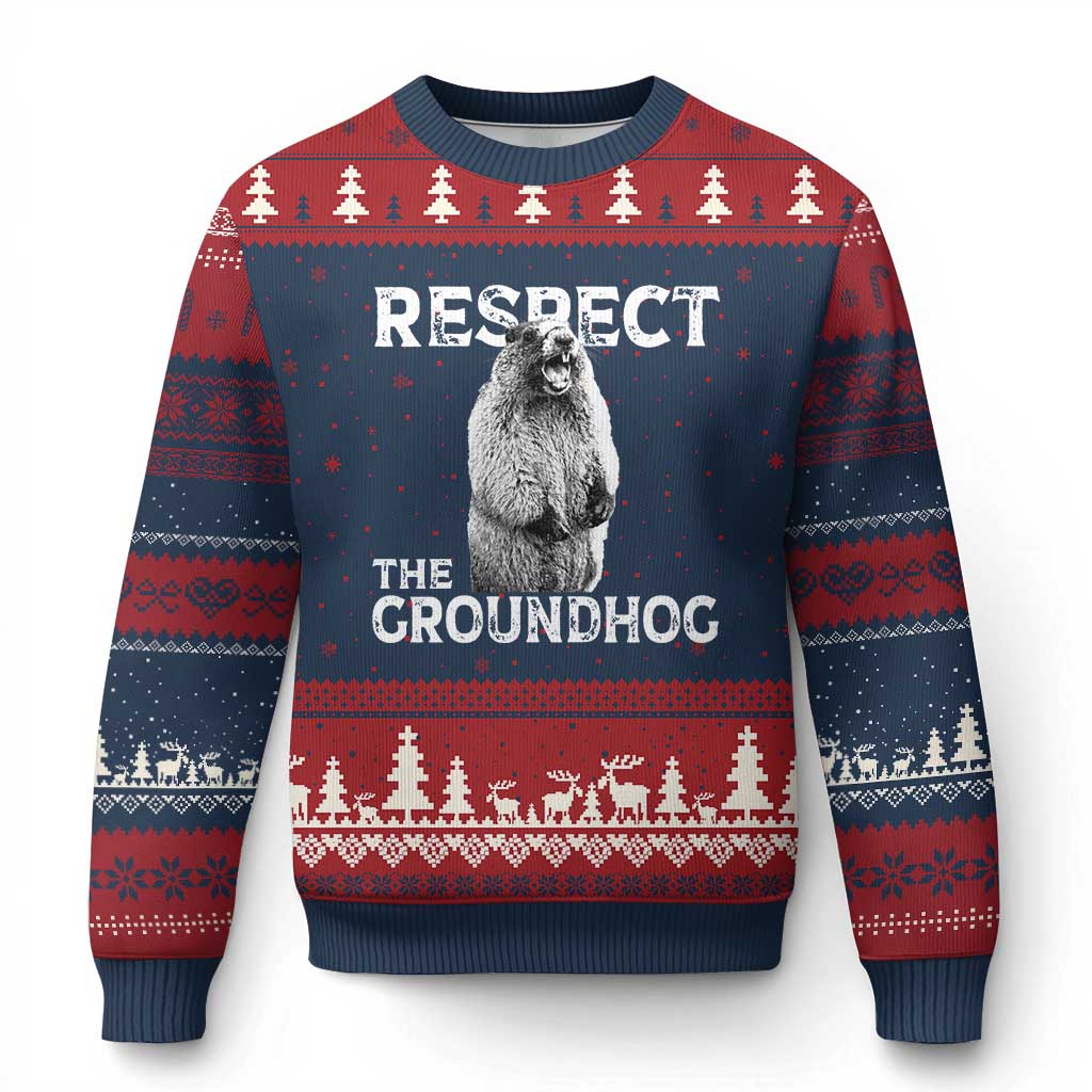 Funny Respect The Groundhog Ugly Christmas Sweater Screaming Woodchuck Meme Groundhog Day TS11 Navy Red Print Your Wear