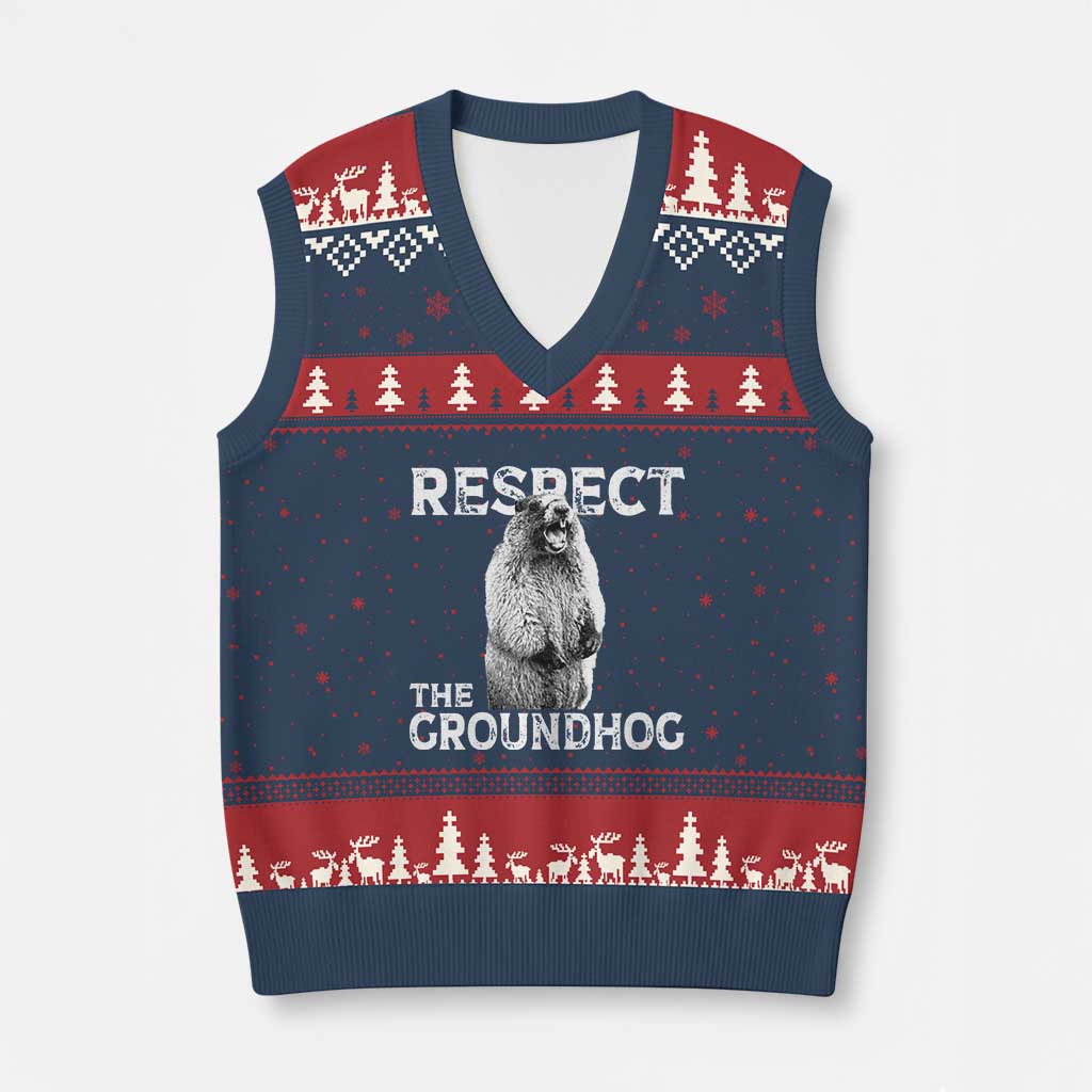 Funny Respect The Groundhog V-Neck Knit Sweater Vest Screaming Woodchuck Meme Groundhog Day TS11 Navy Red Print Your Wear