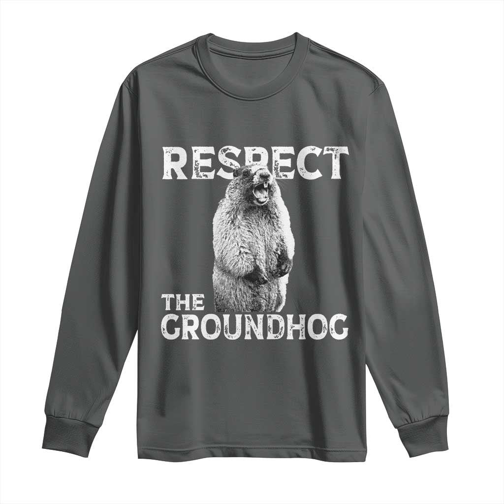 Funny Respect The Groundhog Long Sleeve Shirt Screaming Woodchuck Meme Groundhog Day TS11 Dark Heather Print Your Wear
