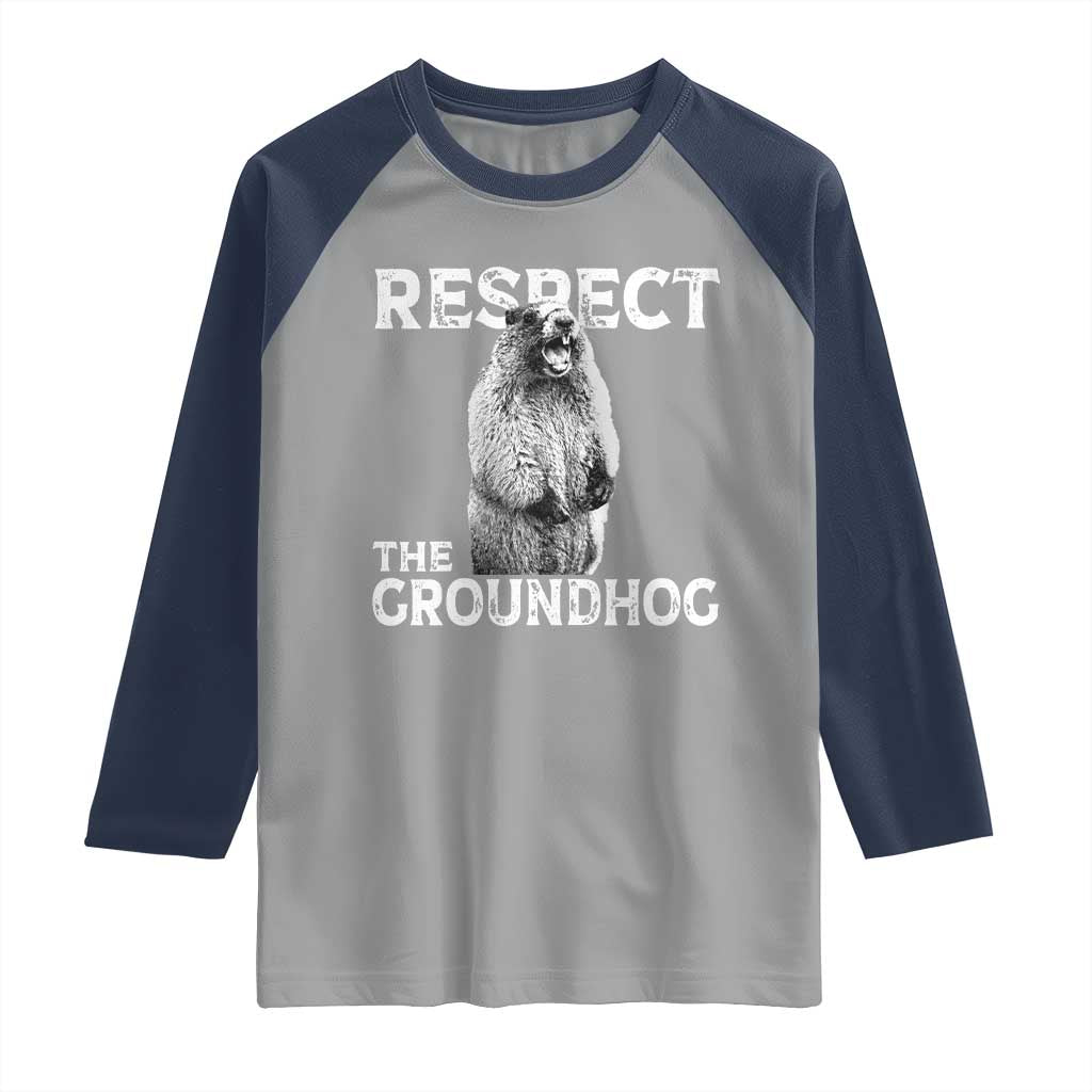 Funny Respect The Groundhog Raglan Shirt Screaming Woodchuck Meme Groundhog Day TS11 Sport Gray Navy Print Your Wear