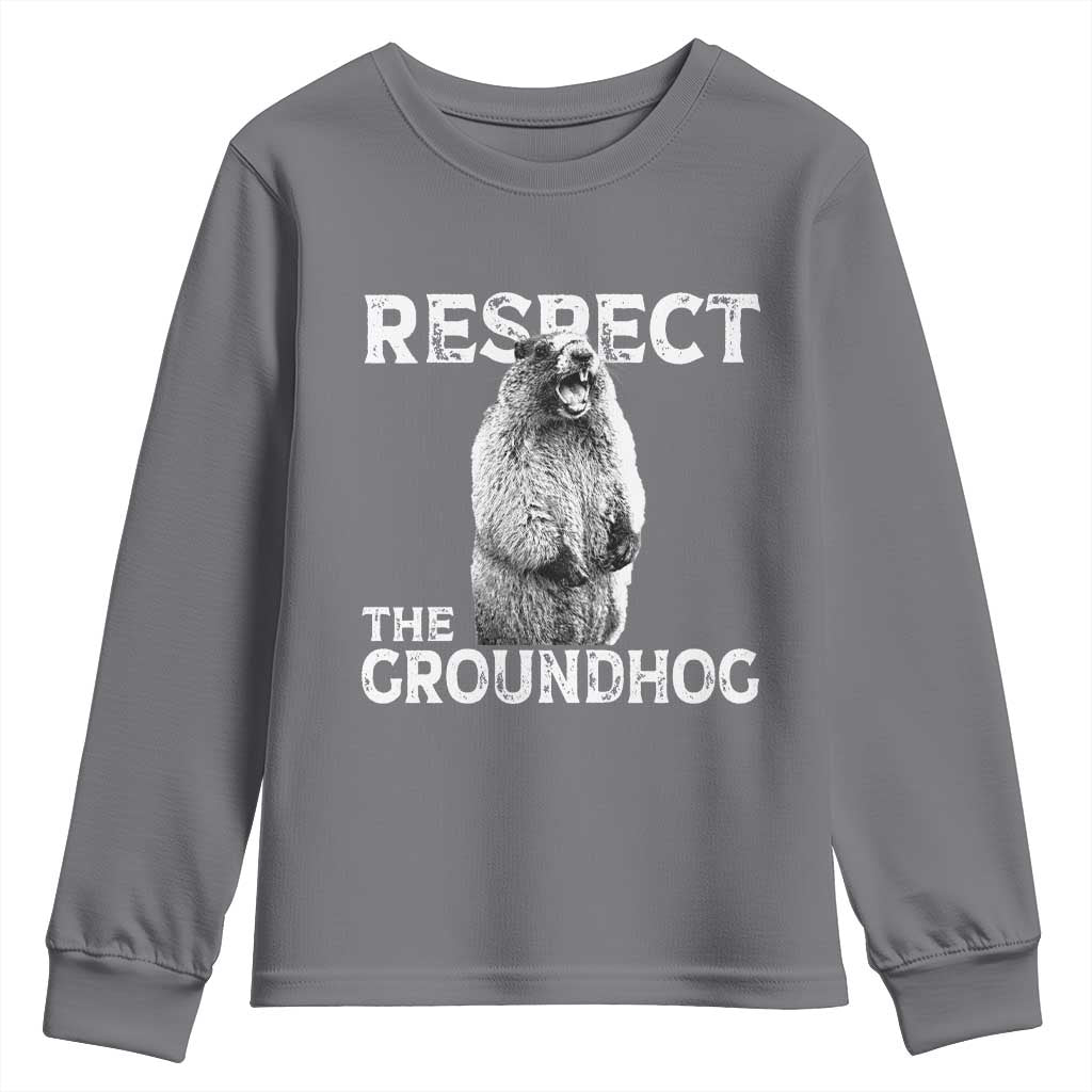 Funny Respect The Groundhog Youth Sweatshirt Screaming Woodchuck Meme Groundhog Day TS11 Charcoal Print Your Wear