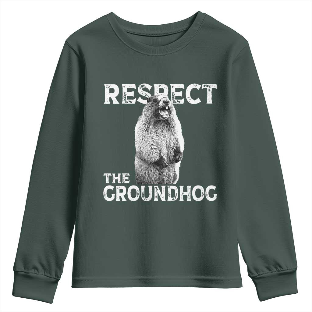 Funny Respect The Groundhog Youth Sweatshirt Screaming Woodchuck Meme Groundhog Day TS11 Dark Forest Green Print Your Wear
