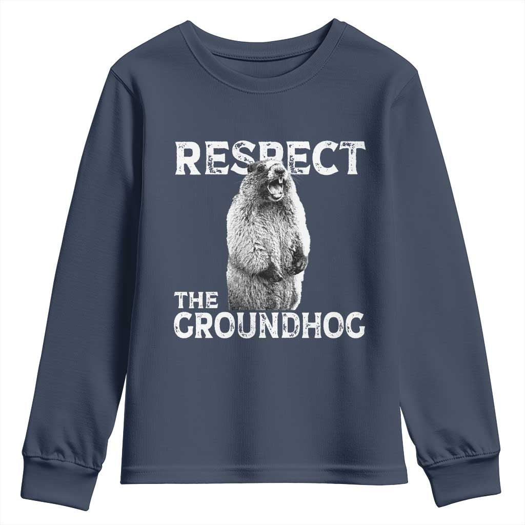 Funny Respect The Groundhog Youth Sweatshirt Screaming Woodchuck Meme Groundhog Day TS11 Navy Print Your Wear