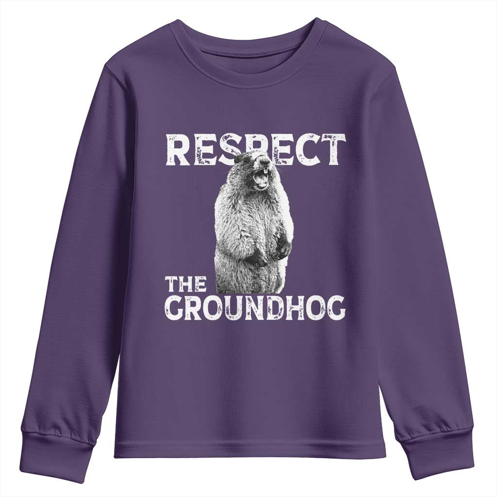 Funny Respect The Groundhog Youth Sweatshirt Screaming Woodchuck Meme Groundhog Day TS11 Purple Print Your Wear
