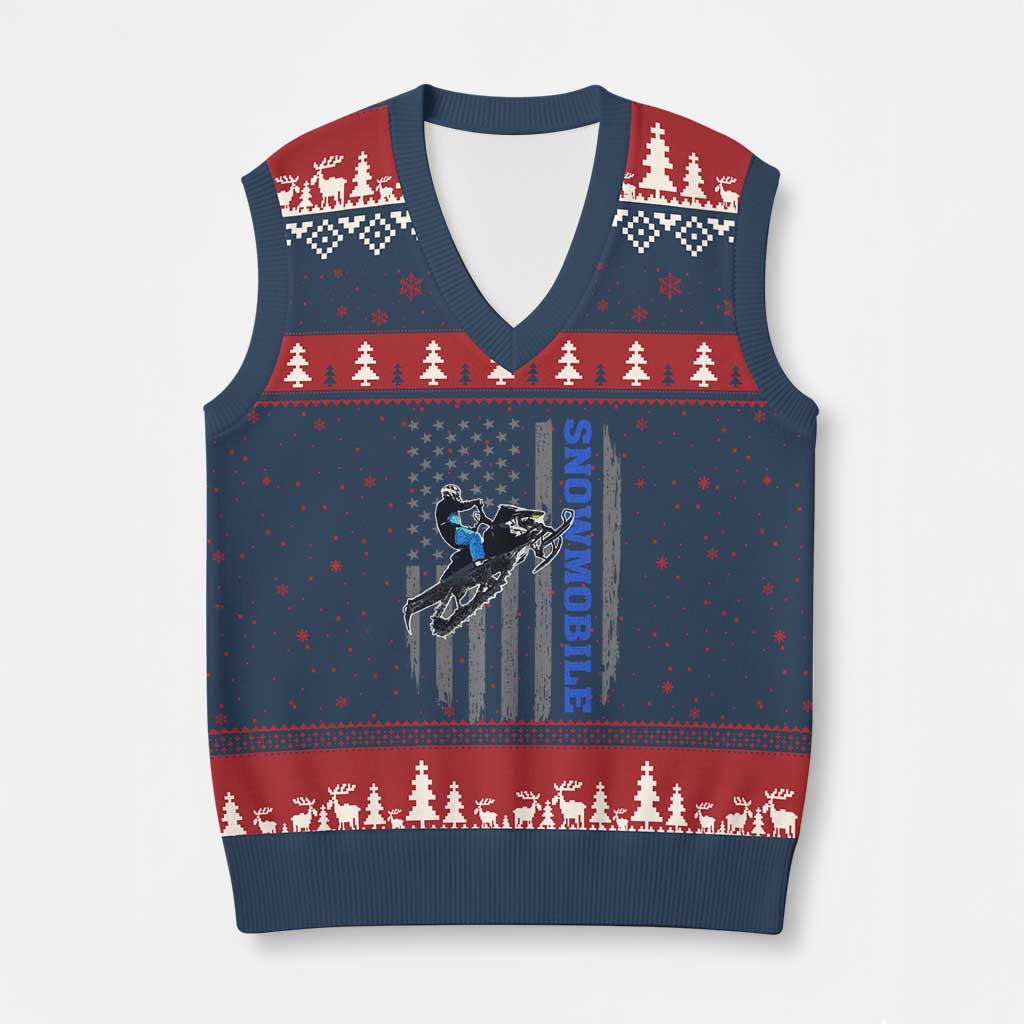 Snowmobile American Flag Snowcross Riding Winter Sport V-Neck Knit Sweater Vest TS11 Navy Red Print Your Wear