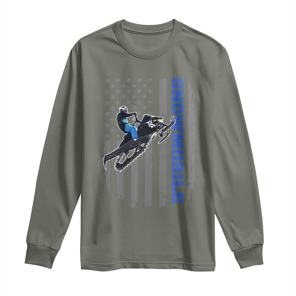 Snowmobile American Flag Snowcross Riding Winter Sport Long Sleeve Shirt TS11 Military Green Print Your Wear