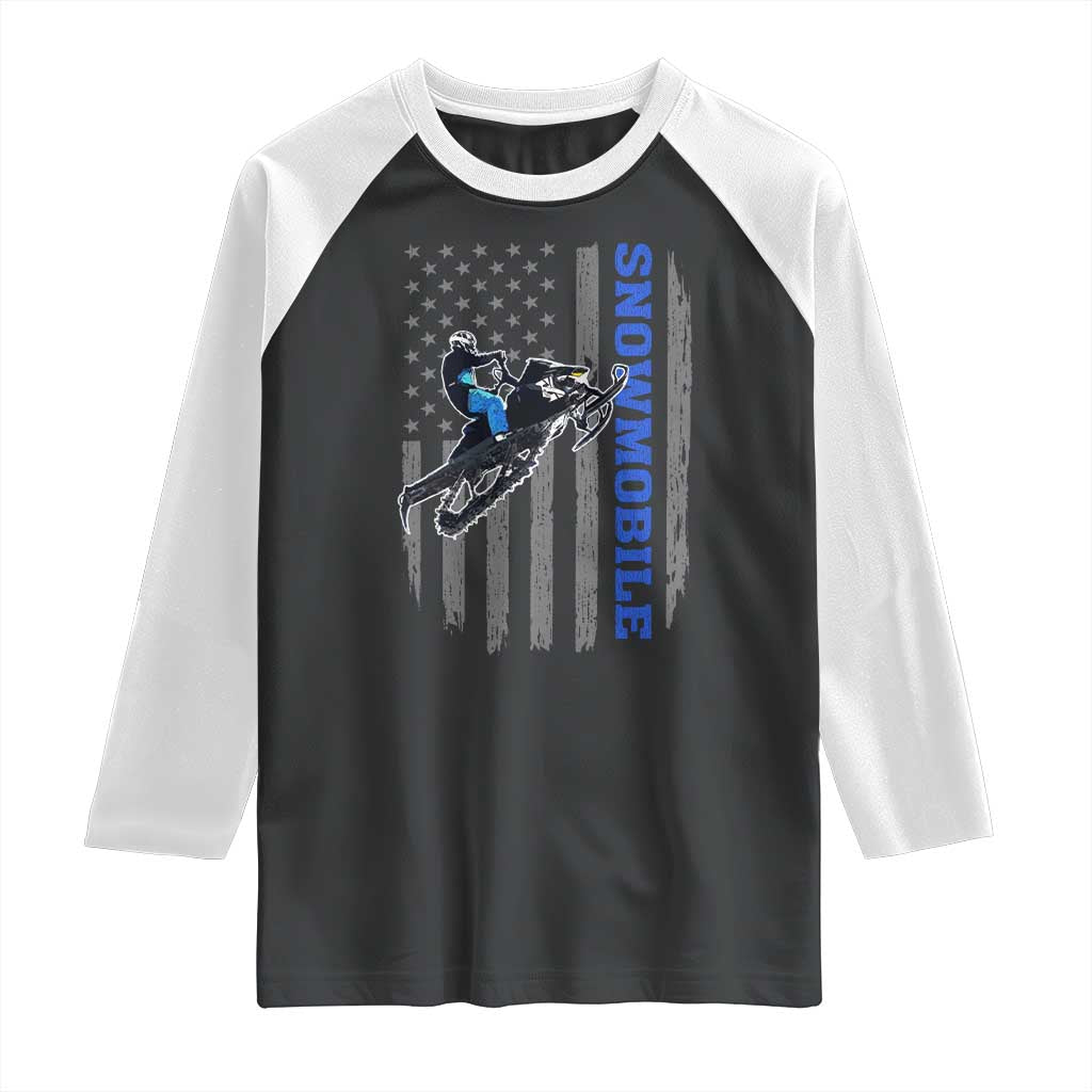 Snowmobile American Flag Snowcross Riding Winter Sport Raglan Shirt TS11 Black White Print Your Wear