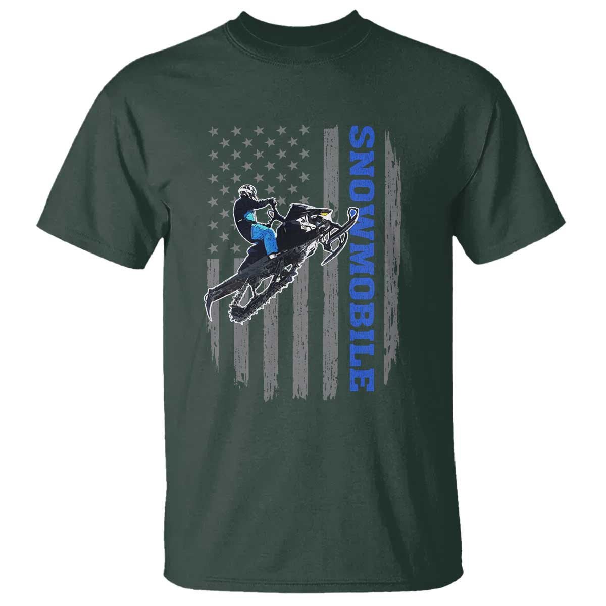 Snowmobile American Flag Snowcross Riding Winter Sport T Shirt TS11 Dark Forest Green Print Your Wear