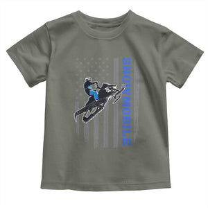 Snowmobile American Flag Snowcross Riding Winter Sport Toddler T Shirt TS11 Military Green Print Your Wear