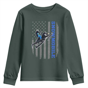 Snowmobile American Flag Snowcross Riding Winter Sport Youth Sweatshirt TS11 Dark Forest Green Print Your Wear