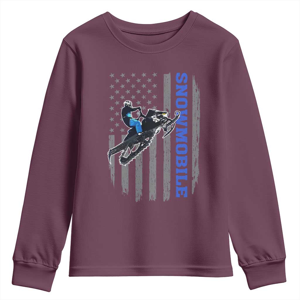 Snowmobile American Flag Snowcross Riding Winter Sport Youth Sweatshirt TS11 Maroon Print Your Wear