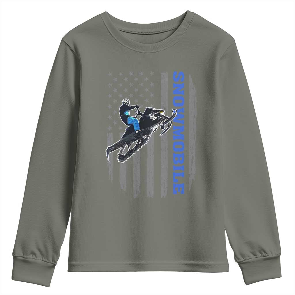 Snowmobile American Flag Snowcross Riding Winter Sport Youth Sweatshirt TS11 Military Green Print Your Wear