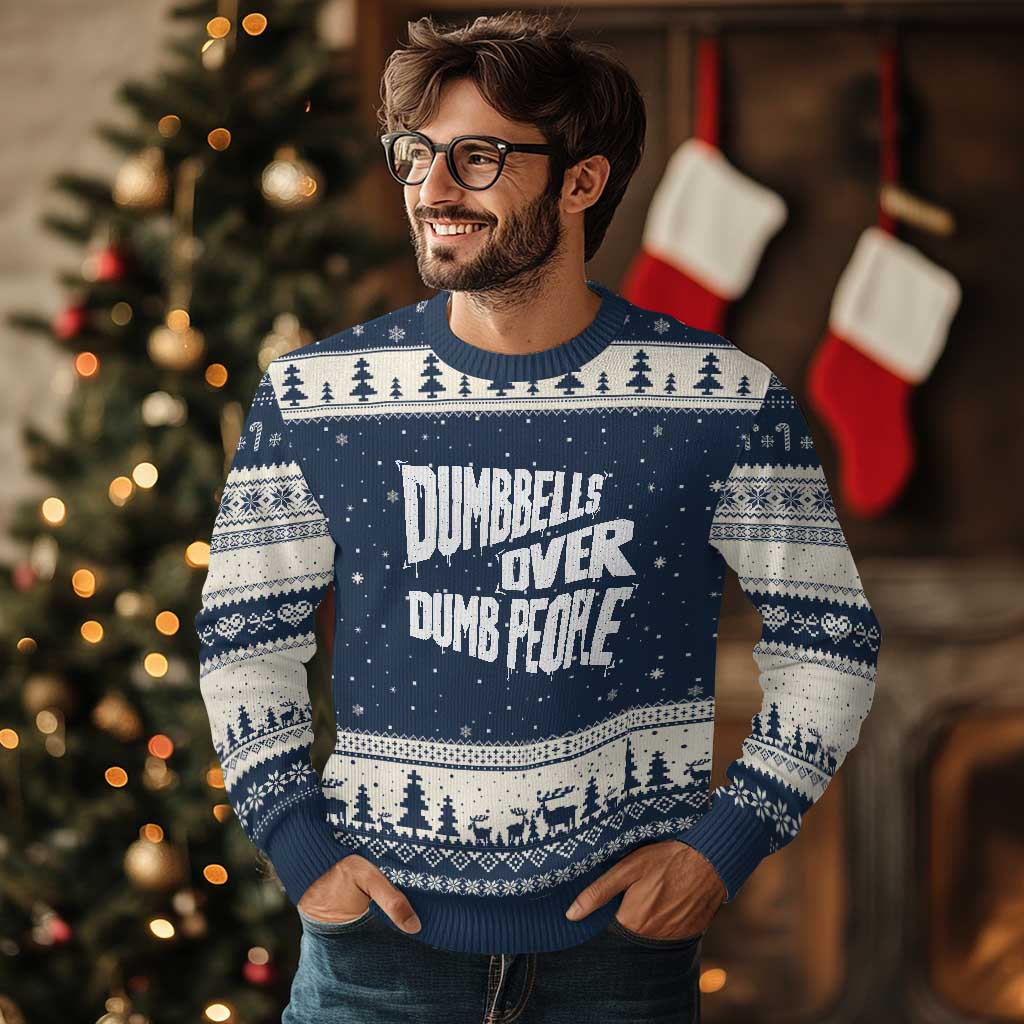 Funny Dumbbells Over Dumb People Ugly Christmas Sweater Gym Workout Fitness Motivation TS11 Navy Beige Print Your Wear