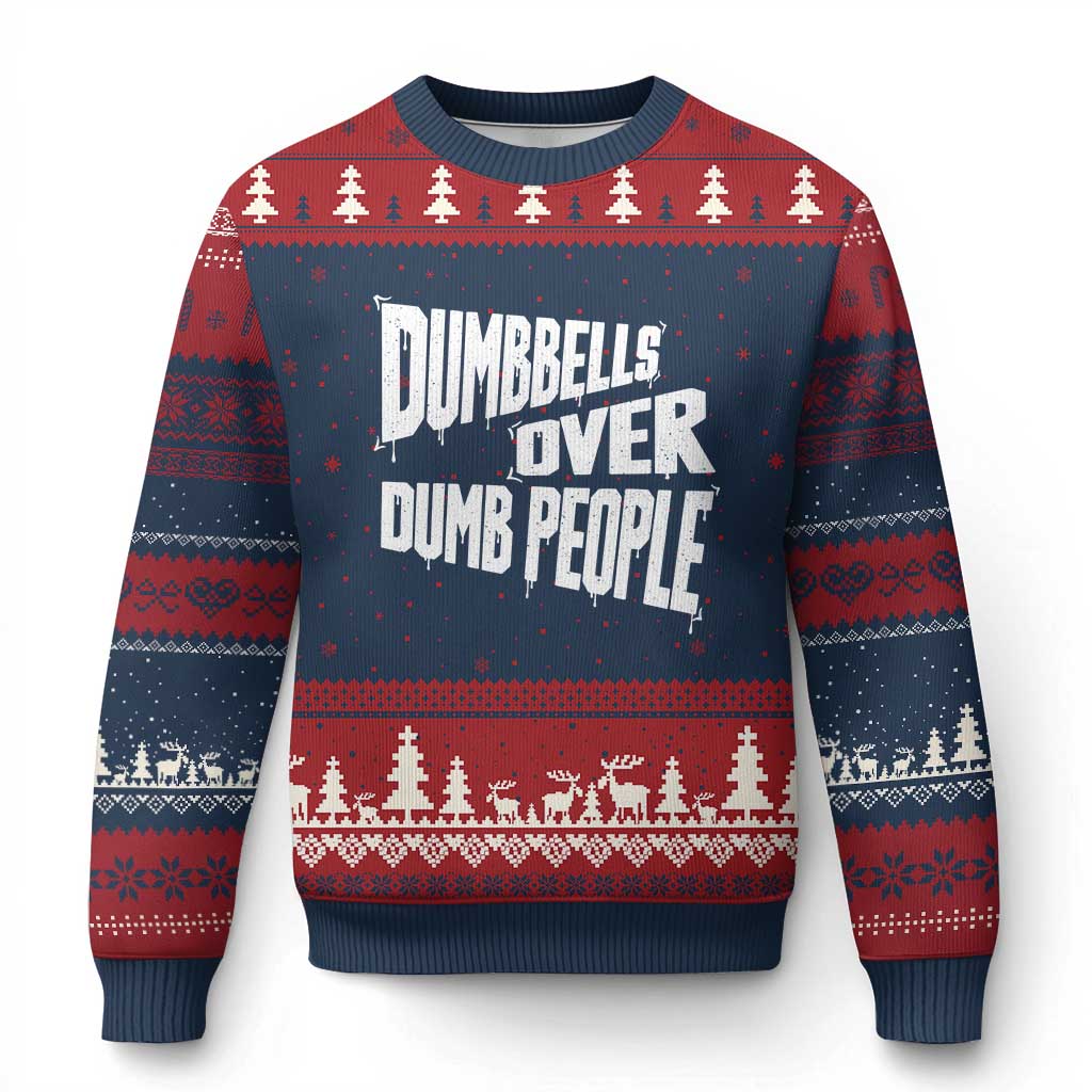 Funny Dumbbells Over Dumb People Ugly Christmas Sweater Gym Workout Fitness Motivation TS11 Navy Red Print Your Wear