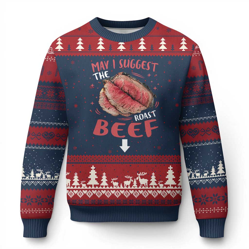 Funny May I Suggest The Roast Beef Ugly Christmas Sweater Embarrassing Inappropriate Adult Humor TS11 Navy Red Print Your Wear