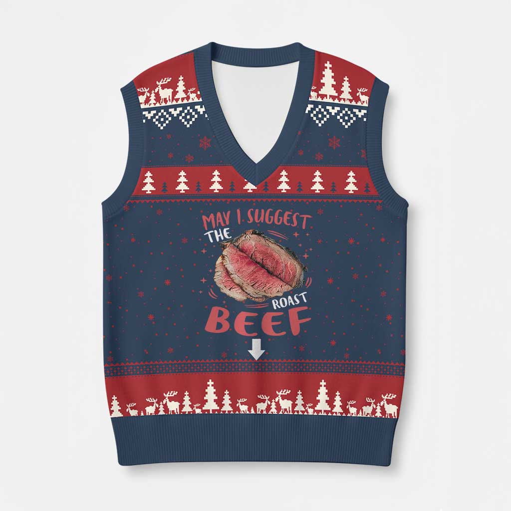 Funny May I Suggest The Roast Beef V-Neck Knit Sweater Vest Embarrassing Inappropriate Adult Humor TS11 Navy Red Print Your Wear