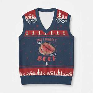 Funny May I Suggest The Roast Beef V-Neck Knit Sweater Vest Embarrassing Inappropriate Adult Humor TS11 Navy Red Print Your Wear