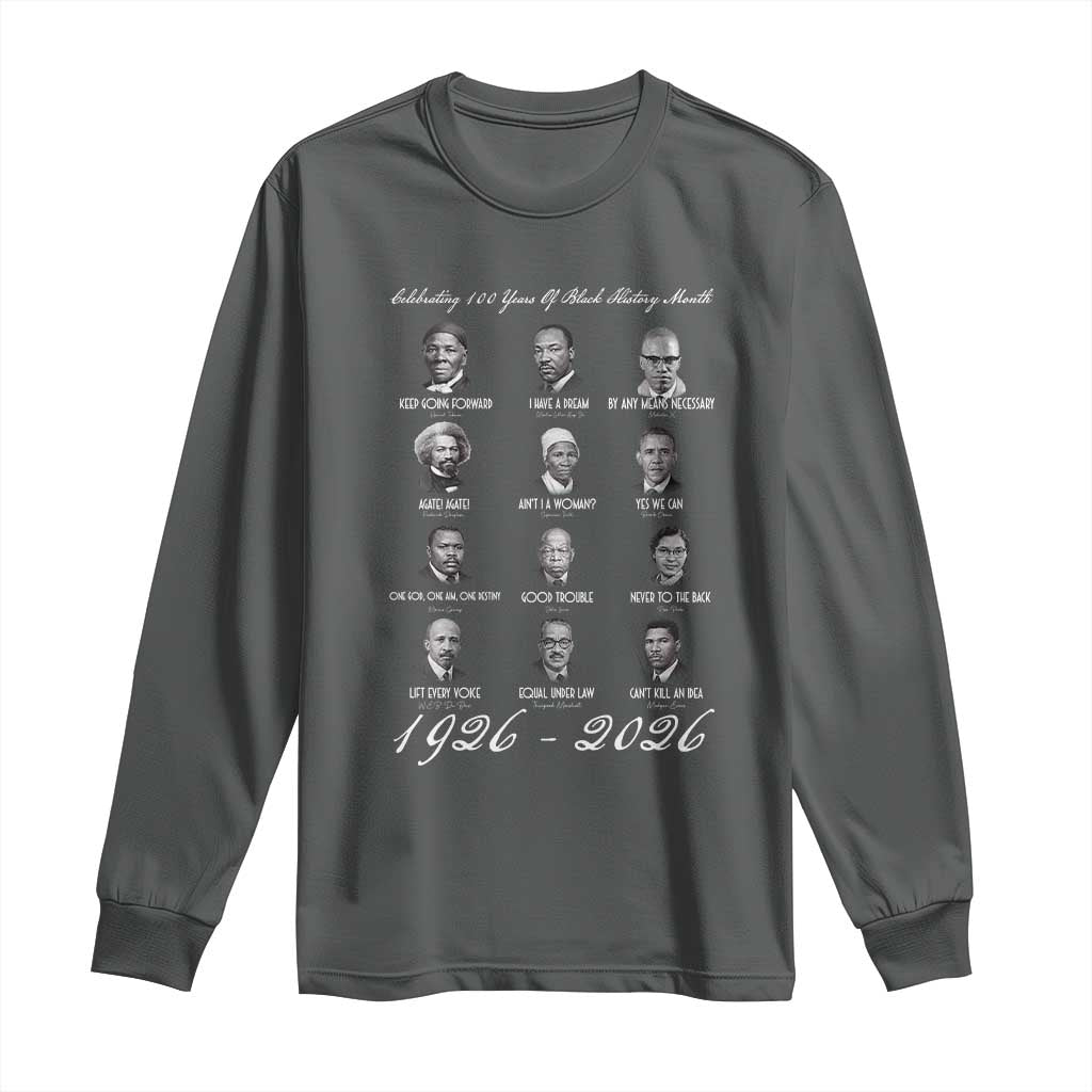 Celebrating 100 Years Of Black History Month 1926 2026 Long Sleeve Shirt Black Leaders TS11 Dark Heather Print Your Wear