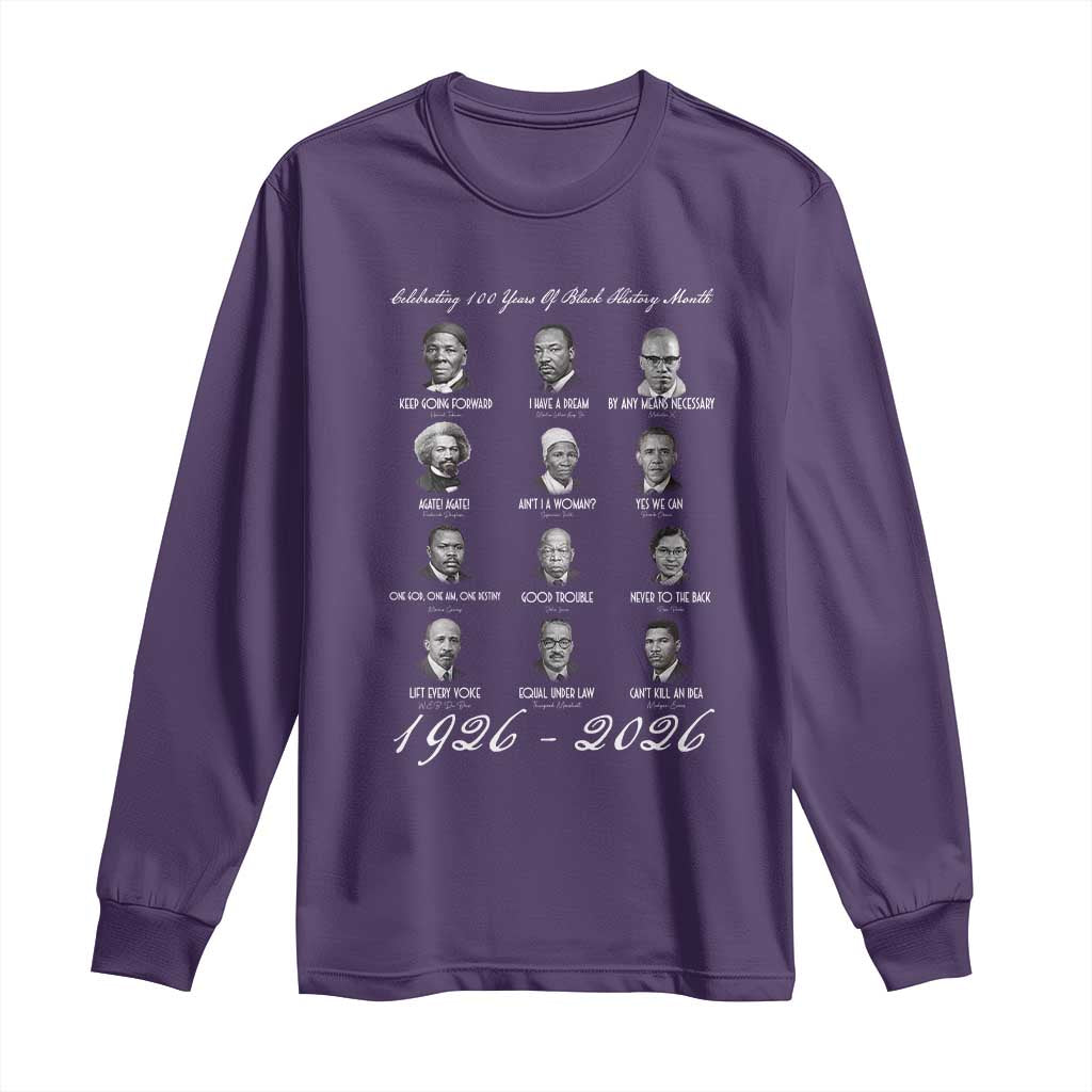 Celebrating 100 Years Of Black History Month 1926 2026 Long Sleeve Shirt Black Leaders TS11 Purple Print Your Wear