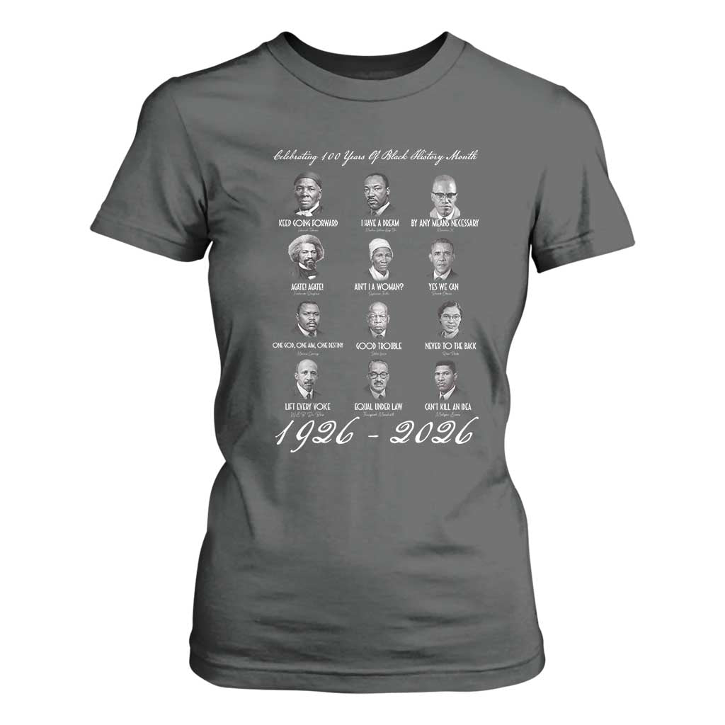 Celebrating 100 Years Of Black History Month 1926 2026 T Shirt For Women Black Leaders TS11 Dark Heather Print Your Wear