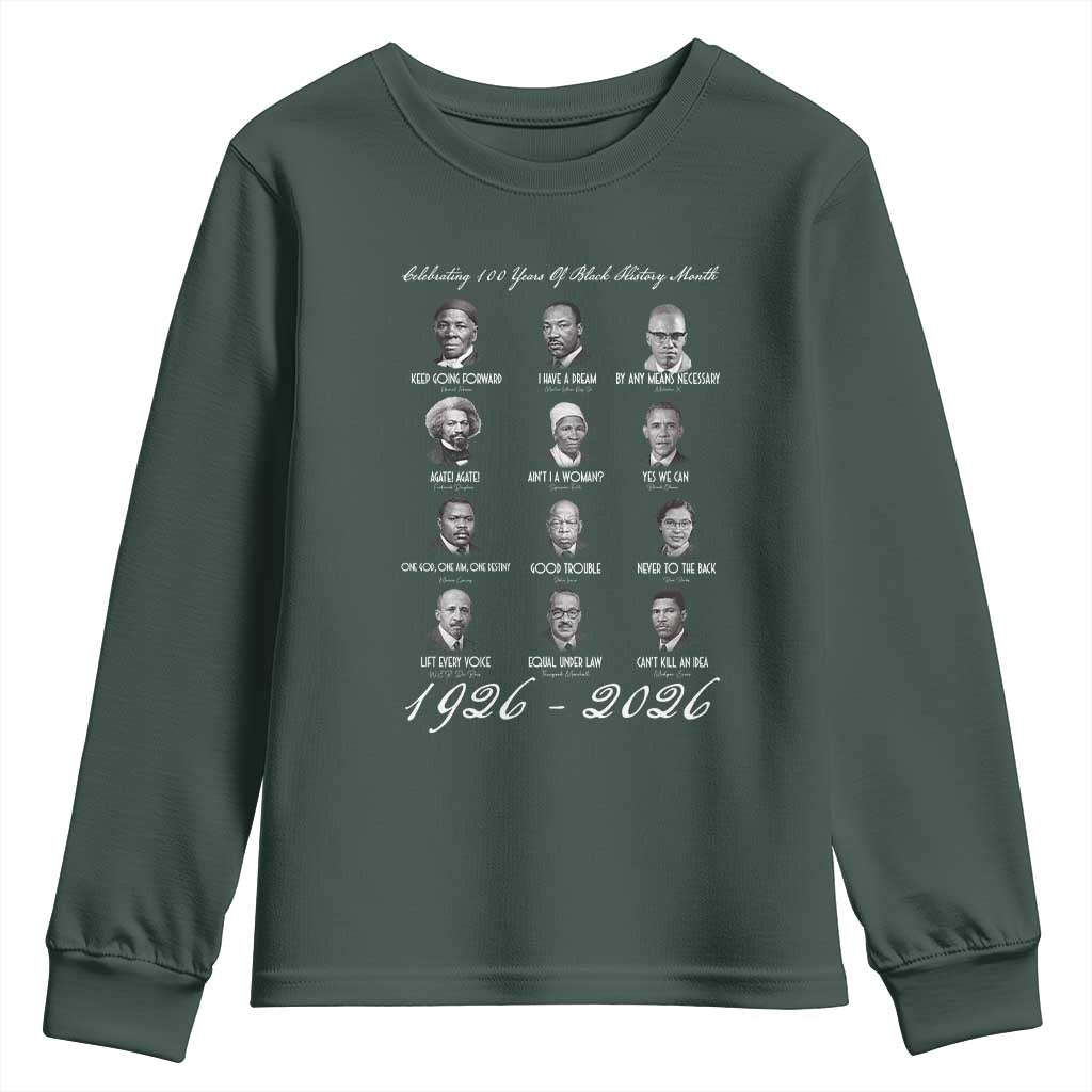 Celebrating 100 Years Of Black History Month 1926 2026 Youth Sweatshirt Black Leaders TS11 Dark Forest Green Print Your Wear