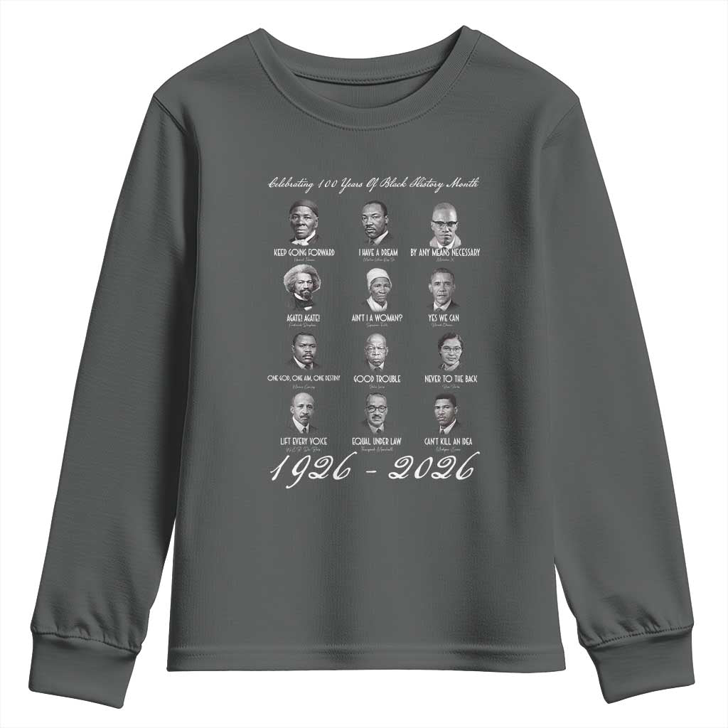 Celebrating 100 Years Of Black History Month 1926 2026 Youth Sweatshirt Black Leaders TS11 Dark Heather Print Your Wear