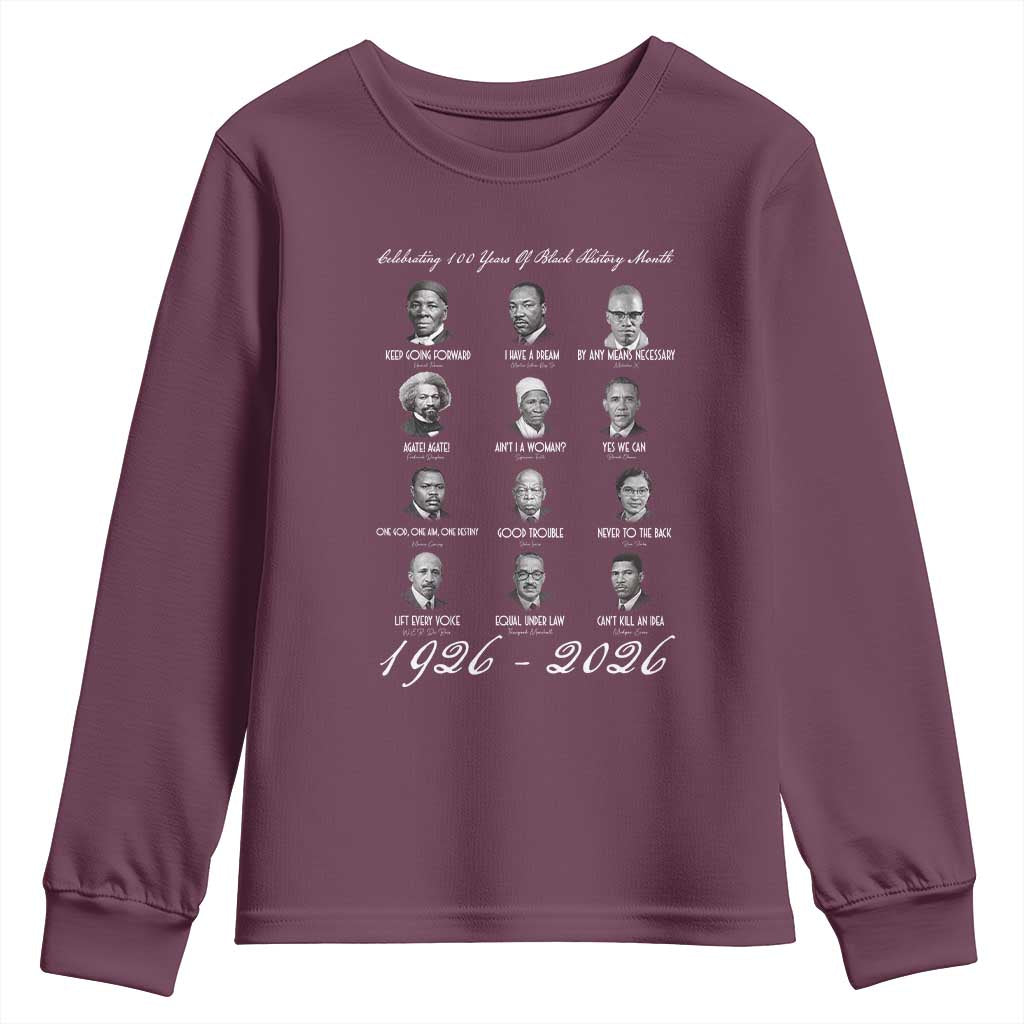 Celebrating 100 Years Of Black History Month 1926 2026 Youth Sweatshirt Black Leaders TS11 Maroon Print Your Wear
