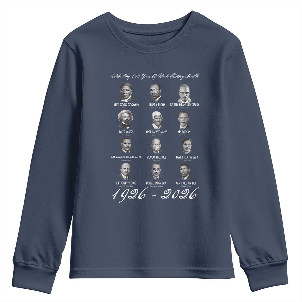 Celebrating 100 Years Of Black History Month 1926 2026 Youth Sweatshirt Black Leaders TS11 Navy Print Your Wear
