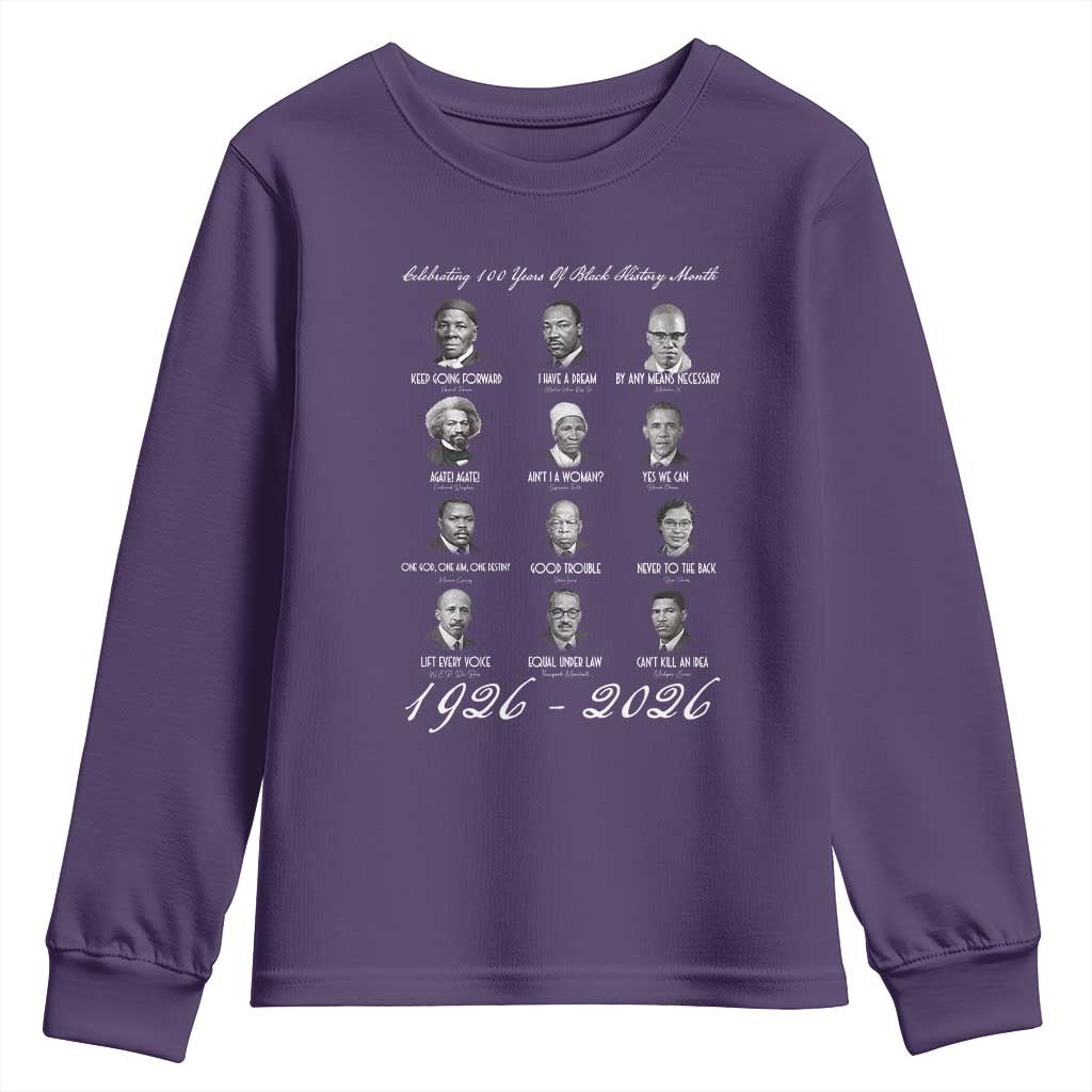 Celebrating 100 Years Of Black History Month 1926 2026 Youth Sweatshirt Black Leaders TS11 Purple Print Your Wear