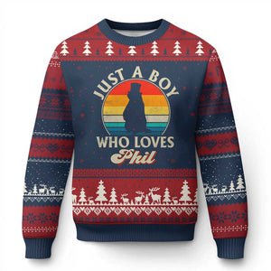 Funny Just A Boy Who Loves Phil Groundhog Ugly Christmas Sweater Punxsy Woodchuck Day Lover TS11 Navy Red Print Your Wear