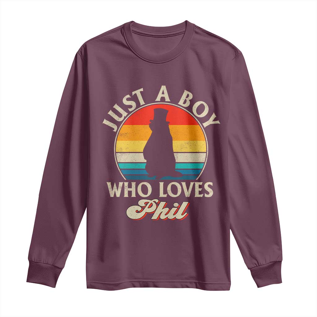 Funny Just A Boy Who Loves Phil Groundhog Long Sleeve Shirt Punxsy Woodchuck Day Lover TS11 Maroon Print Your Wear