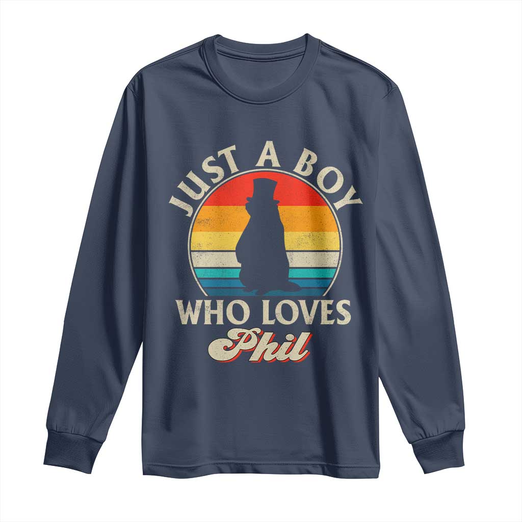 Funny Just A Boy Who Loves Phil Groundhog Long Sleeve Shirt Punxsy Woodchuck Day Lover TS11 Navy Print Your Wear