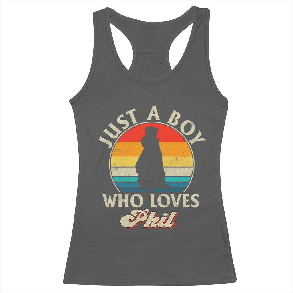 Funny Just A Boy Who Loves Phil Groundhog Racerback Tank Top Punxsy Woodchuck Day Lover TS11 Dark Heather Print Your Wear