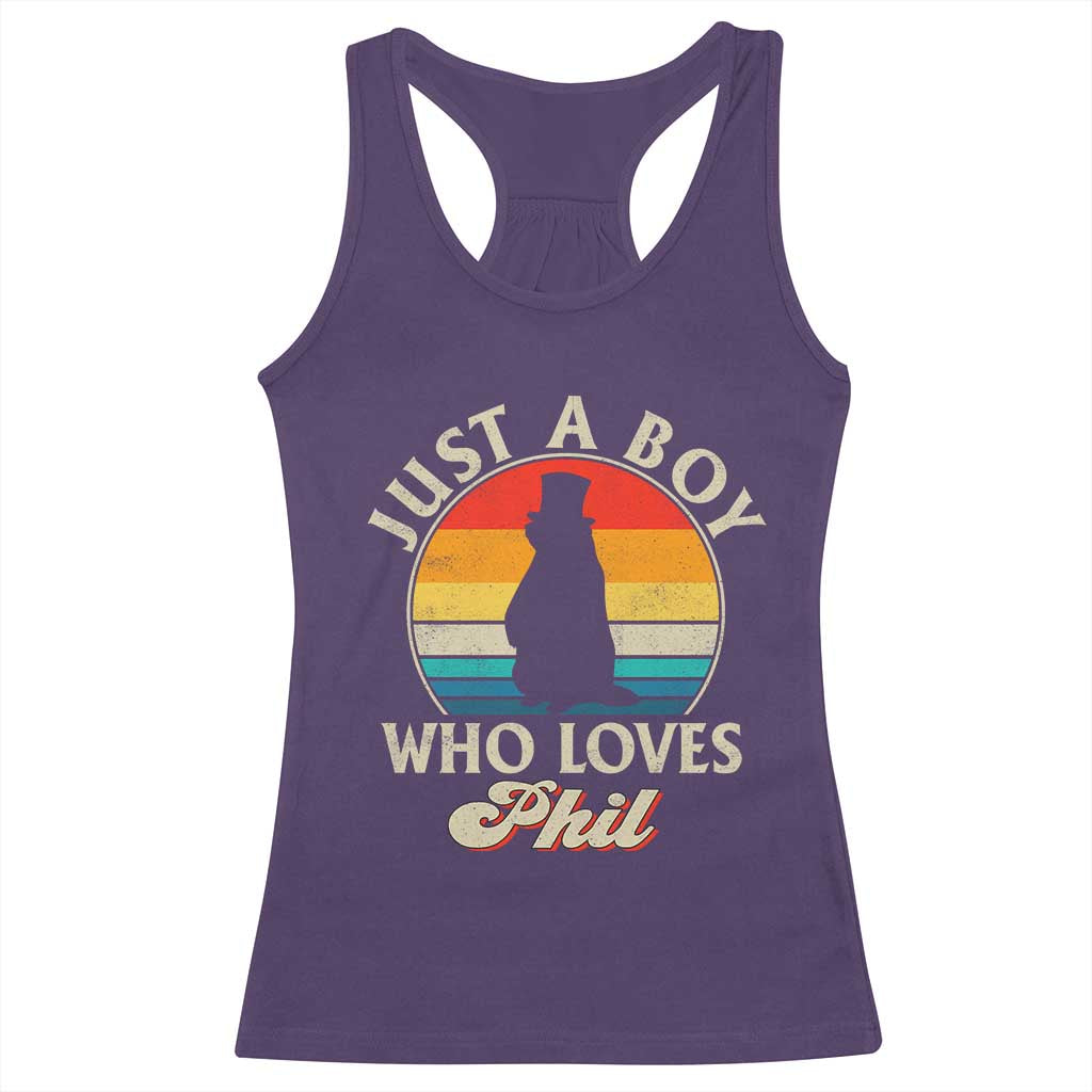 Funny Just A Boy Who Loves Phil Groundhog Racerback Tank Top Punxsy Woodchuck Day Lover TS11 Purple Print Your Wear