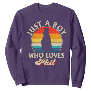 Funny Just A Boy Who Loves Phil Groundhog Sweatshirt Punxsy Woodchuck Day Lover TS11 Purple Print Your Wear